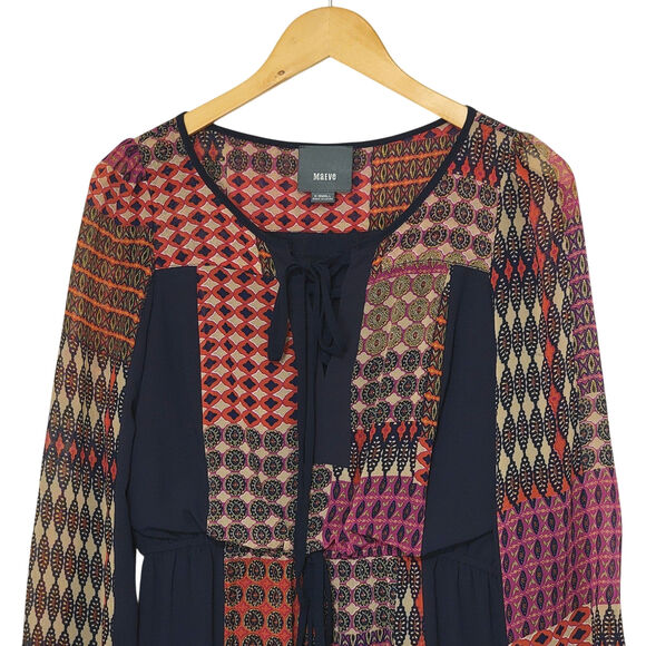 Anthropologie Maeve Peasant Patchwork Print Boho Dress Mini Navy Blue Red Tan XS - Picture 3 of 16
